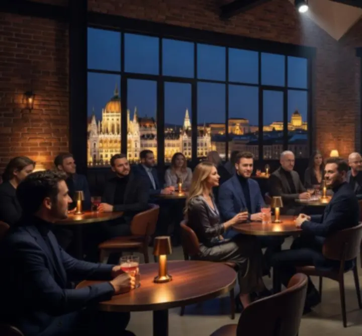 Modern budapesti stand-up klub belső tér, hangulatos fényekkel és színpaddal