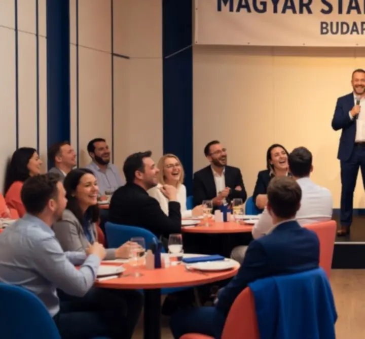 Világított stand-up színpad mikrofonállvánnyal és városi esti hangulattal