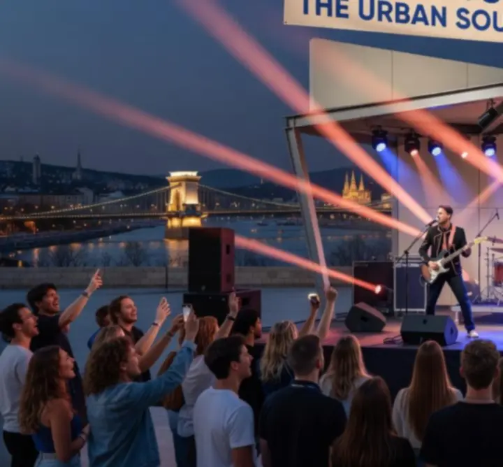 Élőzenei koncert színes fényekkel és lelkes közönséggel
