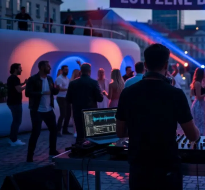 DJ pult színes fényeivel és táncoló közönséggel egy éjszakai buliban