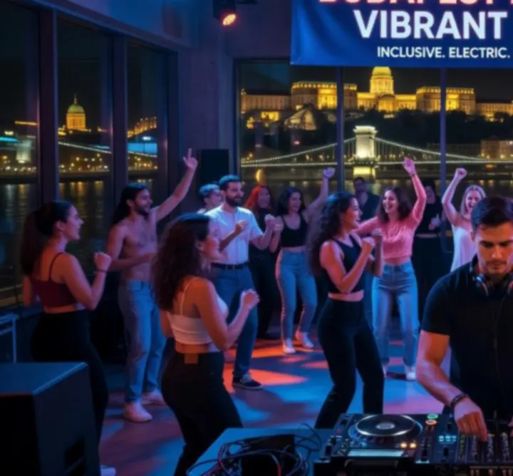 Modern DJ-party városi klubban, táncoló közönséggel és látványos fénytechnikával