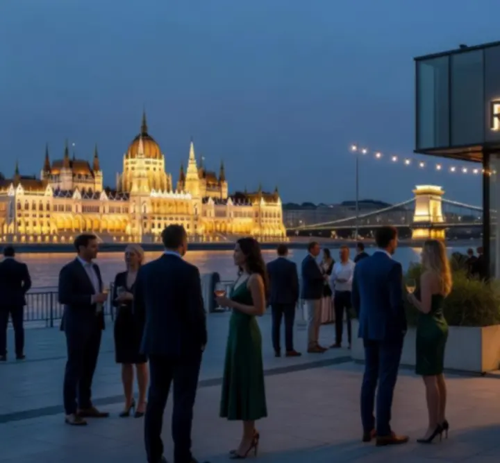 Budapest esti városi tájkép modern eseményhelyszínnel, ahol emberek gyülekeznek