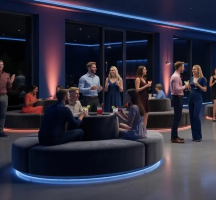 Modern party helyszín hangulatos világítással és lounge terekkel